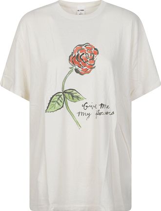Re/Done Boyfriend Flowers Hand-Drawn Floral Cotton T-Shirt