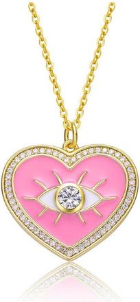 Rachel Glauber Young Adults/Teens 14k Yellow Gold Plated with Clear Cubic Zirconia Pink Enamel Heart Pendant