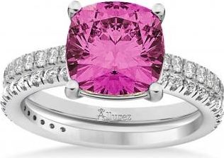 Allurez Pink Tourmaline & Diamond Cushion-Set Semi-Eternity Bridal Set 14K White Gold (3.22ct)