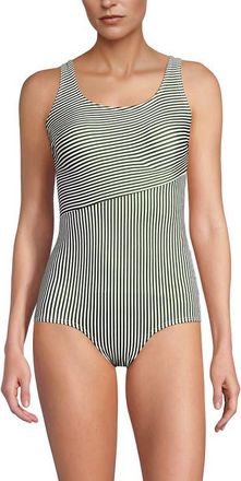 Lands End Tugless Low Leg One Piece Swimsuit in Fusion Green Mini Stripe at Nordstrom, Size 14