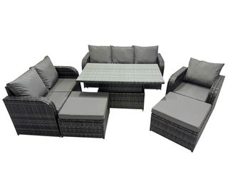 Fimous Rattan Garden Furniture Dining Set 8-seater with 2 Big Footstool in Dark Grey