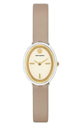 Tory Burch The Oval Leather Strap Watch, 22mm x 28mm in Gold at Nordstrom