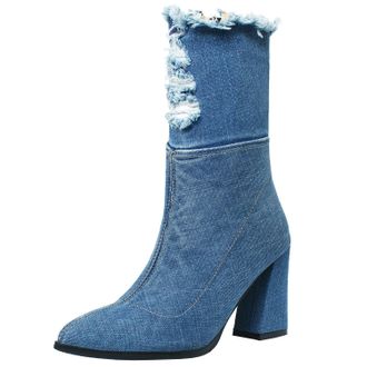 Agodor Womens Denim Ankle Boots Pointed Toe Chunky High Heel Booties with Zipper (US 9.5, short dark blue)
