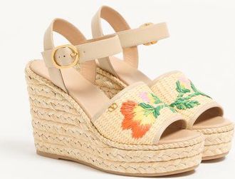 Valentino Garavani Sandalo Zeppa Bribri In Rafia Con Ricamo Floreale 115Mm Donna BEIGE 36