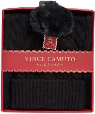 Vince Camuto Cable Stitch Scarf & Faux Fur Pompom Beanie Set in Black at Nordstrom Rack