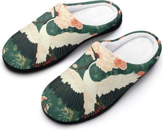 Generic Traditional Crane Peony Flowers Slippers Men Winter Warm Cotton Anti-Slip Indoor Slip-Ons House Shoes