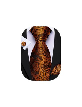 Barry.Wang Copper Gold Paisley Tie Mens Silk Necktie Pocket Square Cufflinks Set Formal Wedding Party