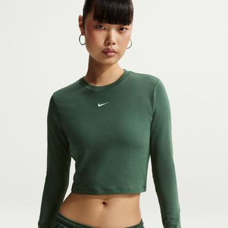 Nike Womens Nike Sportswear Chill Knit Slim Long-Sleeve Cropped Top in Green | HF5322-326