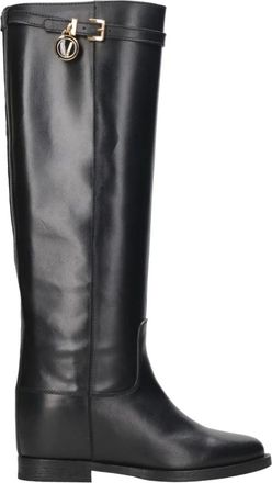 Via Roma 15 Zwarte leren sleehaklaarzen - Dames - Hoge Laarzen - Zwart - 36 EU - Leer - Schoenen