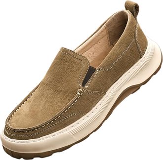Generic Mens Genuine Leather Casual Loafers Slip On Boat Shoes Anti-Slip Lightweight Flats Walking Driving Sneakers Oxfords (8.5,Khaki)