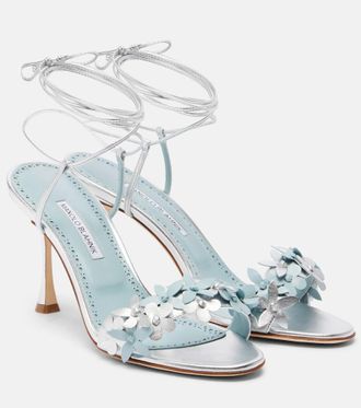 Manolo Blahnik Anista floral-appliqu&eacute; leather sandals