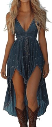 Generic for Women Sexy Spaghetti Strap Deep V Neck Western Dresses Tie Front Lace Trim Women Dresses (Blue-R, S)