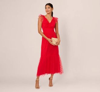 Adrianna Papell Adrianna By Adrianna Papell Dot Tulle Dress Womens Red Ruffle Smocked GBO1288