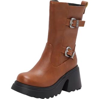 Generic Womens Retro Casual Mid Calf Boots Round Toe Super High Block Heel Platform With Side Zipper And Metal Decor