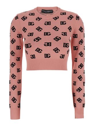 Dolce & Gabbana Pink Crop Sweater With All-Over Printed Dg Logo In Viscose Blend Woman
