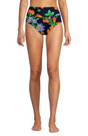 Lands End Chlorine Resistant Pinchless High Waisted Bikini Bottoms in Navy/exploded Poppy Floral at Nordstrom, Size 14