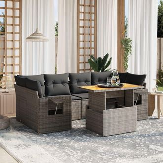 vidaXL Vidaxl - Set De Sof&aacute;s De Jard&iacute;n 7 Piezas Con Cojines Rat&aacute;n Pe Gris
