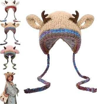 Generic Creative Antler Hat & Bag 2-in-1, Festive Reindeer Knitted Christmas Beanie, Warm Foldable Hat Handbag for Women (Khaki)
