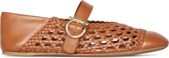 Ferragamo Pointed Toe Woven Leather Flats with Gold-Tone Detail