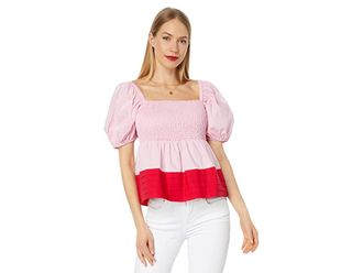 English Factory Color-Block Smocked Top Womens Clothing Pink/Red : XS, Cotton