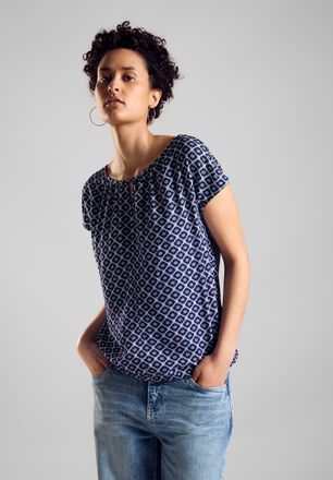 Street One Shirttop STREET ONE, Damen, Gr. 34, blau (tiefblau), Obermaterial: 95% Viskose, 5% Elasthan, bedruckt, regular fit taillenbedeckt, Rundhals, Tops Shir