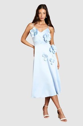 Coast Corsage Detail Satin Midi Dress in Light Blue at Nordstrom, Size 10