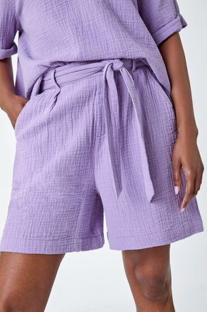 Roman Textured Elastic Tie Waist Cotton Shorts