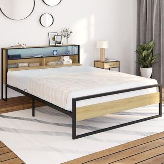 IDMarket Cama doble DETROIT con LED integrados en el cabecero y somier de 140 x 190 cm de metal negro y efecto madera de diseño industria