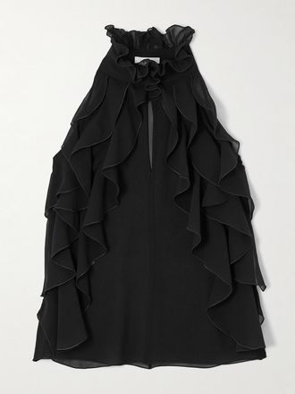 Alexander McQueen Top Cut-out In Georgette Di Seta Con Ruches - Nero