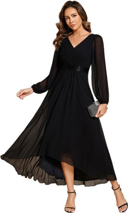 Ever-pretty Women Dress Elegant Evening Dress High-Low Chiffon with Deep V and High Waist Design Bridesmaid Wedding Guest Dress Black 24UK