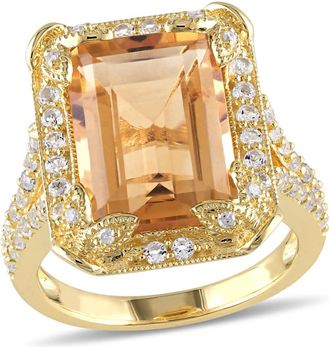 Amour 7 3/5 CT TGW Emerald Cut Citrine, White Topaz and Diamond Halo Leaf Split Shank Ring Yellow Sterling Silver