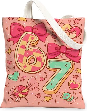 Generic Playful Hearts Canvas Tote Bags, Fun Bow Pattern Reusable Grocery Bags, Lightweight Washable Shoulder Strap Canvas for Shop, Peach, 13x15 Inch