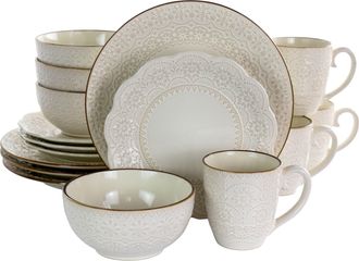 Elama Contessa 16 Piece Embossed Scalloped Stoneware Dinnerware Set in Ivory