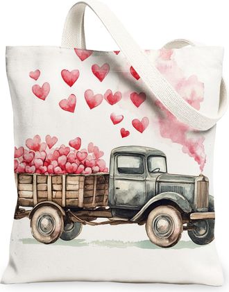 Generic Vintage Truck Canvas Tote Bags, Heart Pattern Reusable Grocery Bags, Spring Floral Lightweight Washable Shoulder Strap Canvas for Travel Outdoor Beach