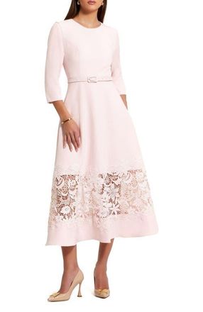 Mac Duggal Crepe Boat Neck Midi Dress With Applique Cut Out in Blush at Nordstrom, Size X-Small