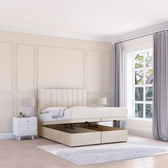 Sloomy Kansas Plush Fabric Ottoman Bed End Opening With Sprung Memory Mattress & 26 Inch Headboard in Cream | Size: Small Single