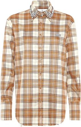 Philipp Plein Checked Oversize Shirt LS Strass Flame - Dames - Overhemden - Bruin - L - Polyester - Overhemden