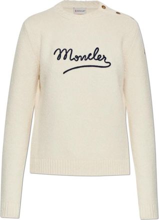 Moncler Geborduurde Logo Sweater van Katoenmix - Dames - Ronde hals truien - Beige - M - Katoen - Truien & Vesten