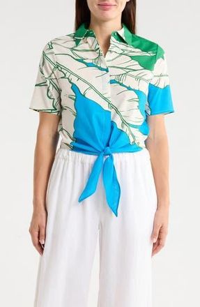 T Tahari Short Sleeve Tie Front Cotton & Linen Crop Shirt in Palm Cascade Print at Nordstrom Rack, Size X-Large