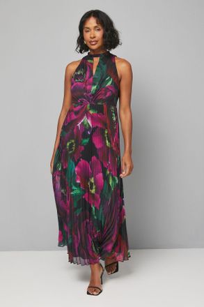 Wallis Womens Floral Print Pleated Maxi Dress - Black - Size 12 UK