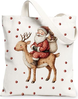 Generic Santa and Deer Canvas Tote Bags, Holiday Animal Print Reusable Shopping Bags, Cute Festive Lightweight Washable Shoulder Strap Canvas for Travel Outdo