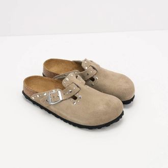 Birkenstock Womens Boston Rivet Suede Clog In Taupe