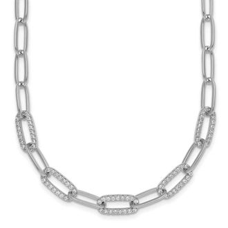 Diamond2Deal Sterling Silver Polished Fancy Cubic Zirconia Paperclip Chain Necklace 18