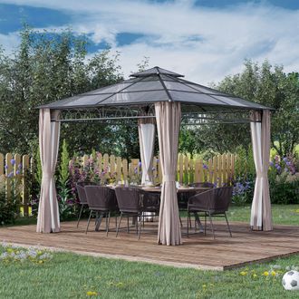 OUTSUNNY Double Roof Hard Top Gazebo with Nettings & Curtains in Khaki