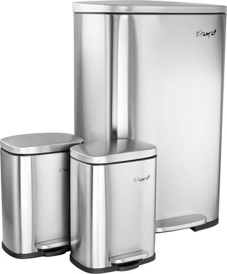 Elama 3 Piece 13 Gallon and 1.3 Gallon Stainless Steel Step Trash Bin Combo Set with Slow Close Mechanism
