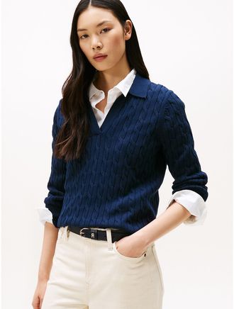 Tommy Hilfiger Womens Open Placket Cable Knit Sweater Polo - Navy - M