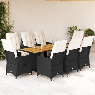 vidaXL Set De Comedor De Jard&iacute;n 9 Pzas Y Cojines Rat&aacute;n Sint&eacute;tico Negro Vidaxl