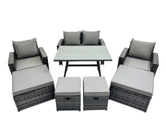 Fimous 8 Seater Outdoor Dining Table Double Seat Sofa 4 Stools Set in Dark Grey
