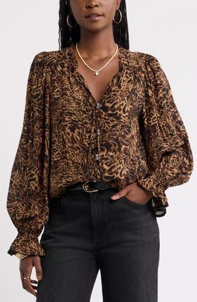 Treasure & Bond Floral Ruffled Button Front Shirt in Tan- Black Leopard Abstract at Nordstrom, Size Xx-Large