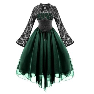 Generic Cocktail Dresses For Women Fashion Gothic Style 1950s Midi Dress Croset Long Flare Sleeve A Line Party Dress (Green, S)